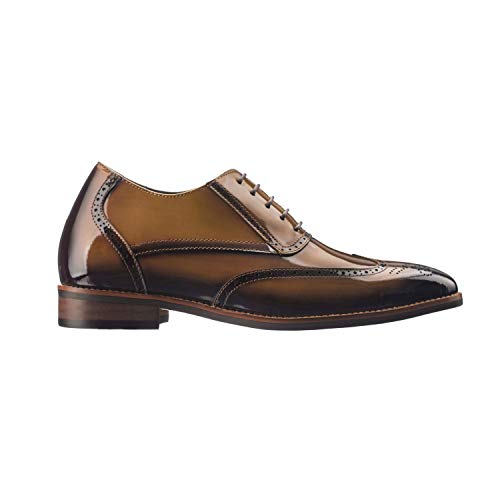 Image of CALTO Men's Invisible Height Increasing Elevator Shoes - Dark Brown Patent Leather Lace-up Wing-tip Formal Oxfords - 3 Inches Taller - S1017 - Size 6 D(M) US