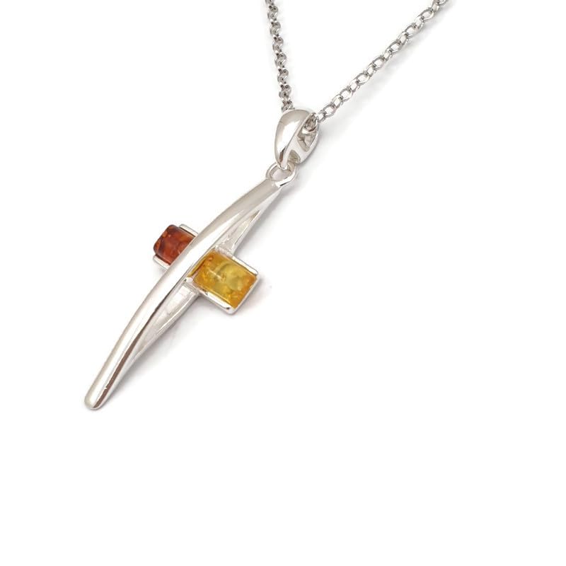 Collier croix incurvée en argent 925 et ambre multicolore d'exception