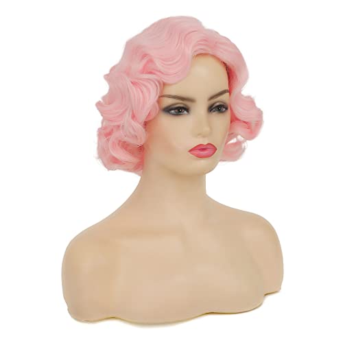 Swiking Short Pink Curly Finger Wigs For Women Synthetic Wave Full Wig Cosplay Halloween Flapper Vintage Mommy Wig #TOP3