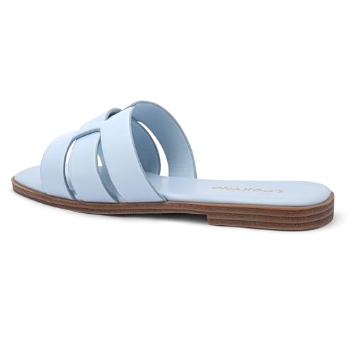 Image of Flat Sandals for Women Comfortable Slip On Dressy Summer Leather Slides with Square Open Toe