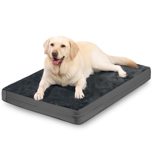 Image of Waterproof Dog Bed Large Sized Dogs, Orthopedic Washable Crate Pad 35 inchx22 inch | Outdoor Pet Bed Foam, Reversible Faux Leather & Flannel, Durable Removable Cover, Anti-Slip Bottom,Kennel Pad 36 inch Dark Gray