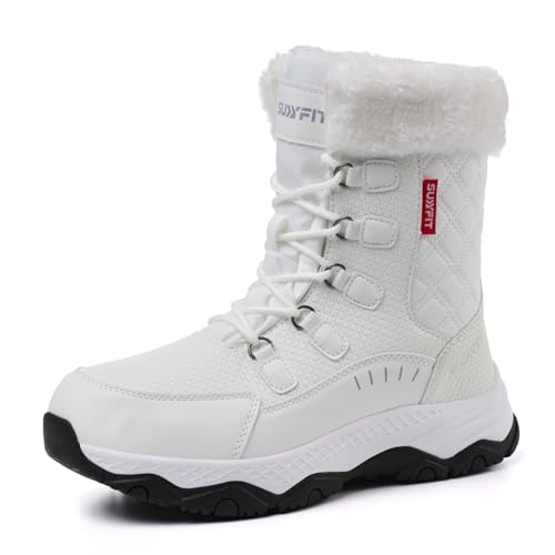 Suiyfit Snow Boots for Women Waterproof Mid-Calf Booties Winter Hiking Boot Durable Warm Fur Lined Boot Non-Slip Warm Climbing Shoes Walking, Cold Weather（white-41.5）
