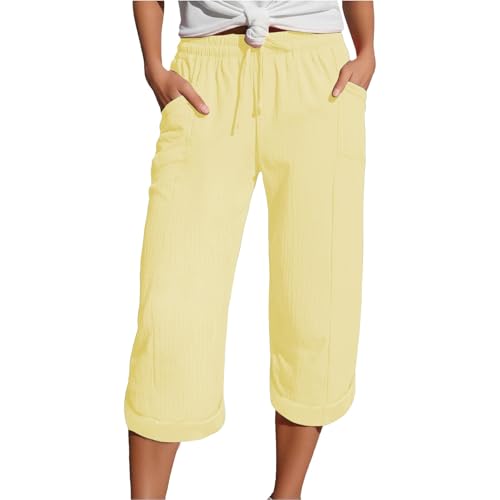 Pantalones de 3/4 Mujer de Verano de Algodón y Lino Ligero Pantalones con Bolsillos Cordón Elástico en la Cintura Pinocchietti Pierna Recta Baggy Pants Joggers Cómodo y Transpirable Pantalones Ancho