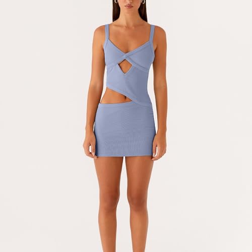Image of Women Sexy Cutout Mini Dress Spaghetti Strap Backless V-Neck Patchwork Bodycon Short Dress Party Cocktail
