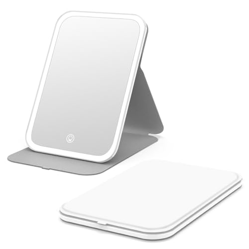 Kintion Travel Makeup Mirror, Portable LED Lighted Makeup Mirror, 360° Rotation Touch Screen Vanity Mirror, 60 LEDs, 3-Color Dimmable Lighting, Rechargeable Tabletop Folding Cosmetic Mirror, White