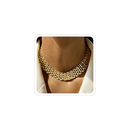 Punk Chunky Link Choker for Women 14K Gold Plating Statement Necklaces Gold Silver Wide Mesh Chain Necklace Hollow Out Chain Jewelry