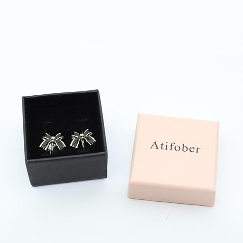 Aretes de moño negro con clip para mujer, pequeños elegantes miniatura 4