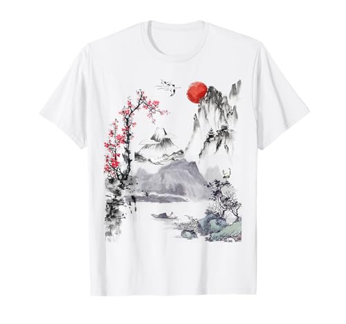 Japanese Art Tree Red Moon with Birds Flying in Background T-Shirt