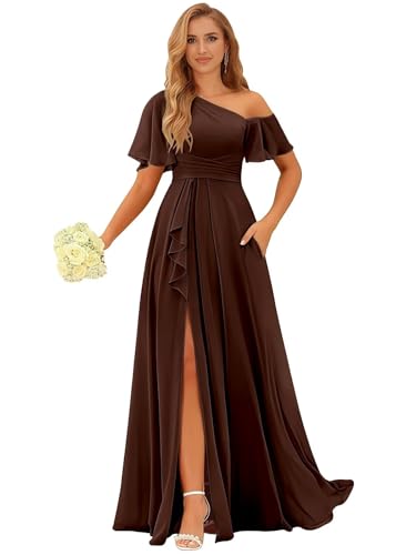 Long One Shoulder Bridesmaid Dresses with Slit for Women Short Sleeves Chiffon Formal Evening Gowns with Pockets