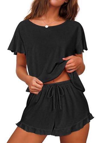 Image of Ekouaer Women's Pajama Set Ruffle Sleeves Top and Short | 2 Piece Ruffle Hem Sleeves Top and Shorts Pjs Set, Soft Short Sleepwear Set, Elastic Waistband Design