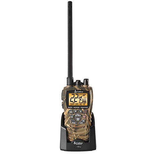 Cobra MR HH450 CAMO Handheld Floating VHF Radio – 6 Watt, All-Terrain, Submersible, Noise Cancelling Mic, Backlit LCD Display, Memory Scan, Camo