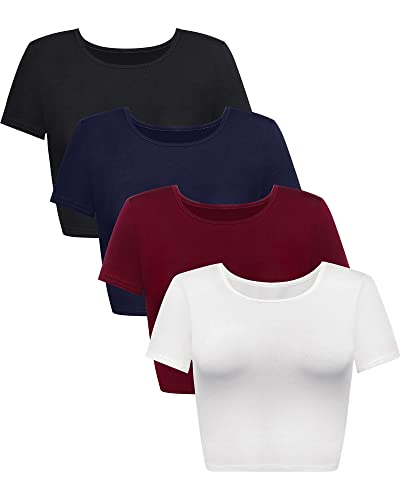 Syhood 4 Pack Summer Crop Tops for Women Basic Tight Short Sleeve Cute Trendy Scoop Neck Crop Tops for Women or Teen Girls