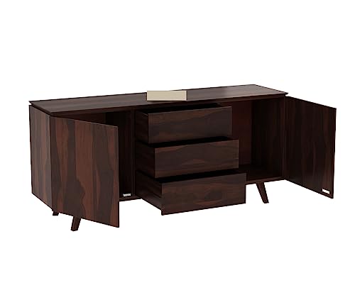 Image of Solid Sheesham Wood Wooden Sideboard Storage Cabinet & Chest of Drawer : Ideal for Living Room and Bedroom with 3 Drawers and 2-Shelf Storage(Hamlet, Walnut Finish)