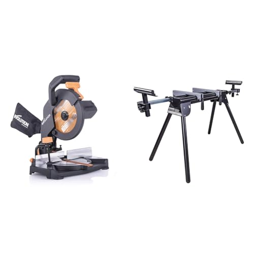 Evolution Power Tools 8-1/4' Multi-Material Cutting Miter Saw, Stand With Quick Release Brackets, Fits Most Brands