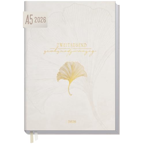 Häfft Business-Timer 2026 A5 Beige Ginkgo 1 Woche 2 Seiten Buchkalender mit Folienprägung Terminplaner im Halb-Stunden-Takt - nachhaltig & klimafreundlich