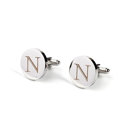 Image of Mens Initial Silver Cufflinks A-Z Alphabet Letter Steel Cuff Links with Engraved Walnut Wood Box Groom Groomsman Wedding Set