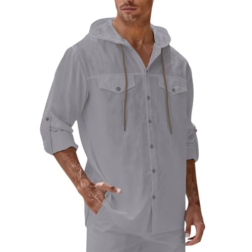 Top hombre fitness ligero contra el calor en camisa de botones con capucha y mallas gris XL 4
