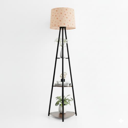 Image of Tripod Metal Floor Lamp with Shelves Stylish Standing Lamp for Living Room Decoration Bedroom Corner Stand Aesthetic Home Decor (Orange Polka Dots) LED Bulb Included