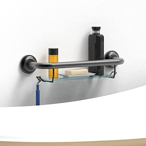 Ameriluck Bath Safety Grab Bar With Tempered Glass Shampoo Shelf For Shower Wall And Bathtub, 250Lbs Weight Support, 16Inches Apart For Stud Mount, Stainless Steel Rustproof, Matte Black #TOP2