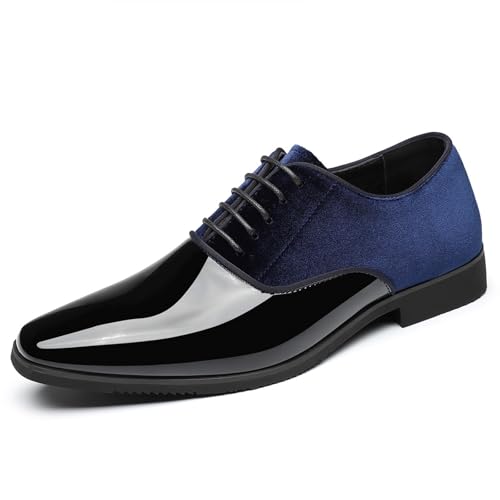 Men's Patent Leather Patchwork Velvet Oxford Shoes Classic Suede Pointed Toe Chunky Block Heel Lace Up Tuxedo Dress Shoes for Formal Wedding Business2