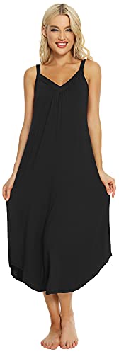 Wiwi Women's Soft Tank Nightgown Sleeveless Sleepshirts Full Slip Chemise Sleepwear Pleated Front Lounge Dresses S-Xxl, Black, Xx-Large #TOP3