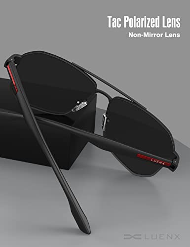 Luenx Aviator Sunglasses For Men Square Polarized Polygon Black Lens Matte Black Frame - Uv 400 Protection With Accessories #TOP4