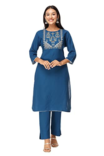 VIHAAN IMPEX - Conjunto de Kurta bordado azul indio con pantalón a juego para mujer, azul, XXL Cover