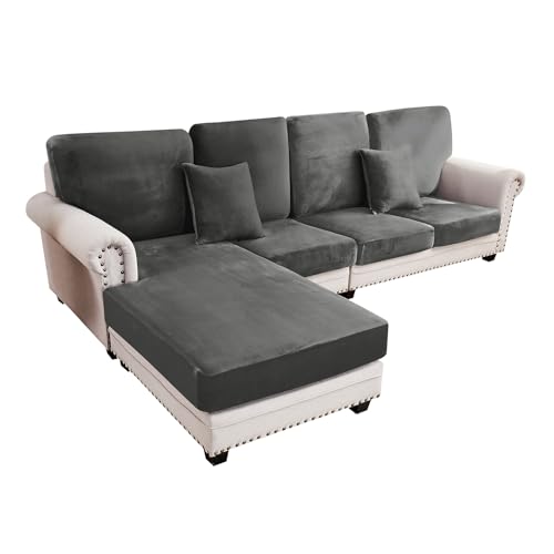 Image of Stretch Silver Fox Velvet Sectional Couch Covers - 4-Piece Sofa Cushion Covers for Left /Right L-Shaped Chaise, Soft and Comfortable Slipcovers for Sectional Sofa(3 Seater + 1 Chaise,Grey)