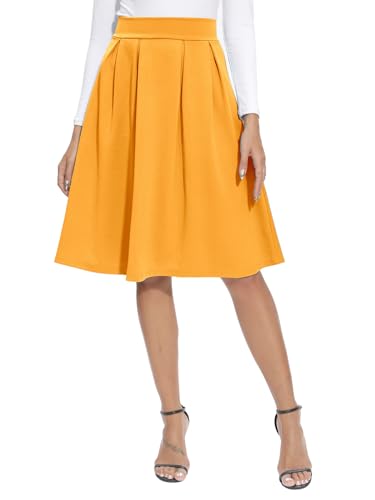 REORIA Damen Rock Faltenrock Klassischer Einfarbiger Plisseerock Knielanges Skirt Röcke Strickrock Tennisrock Gelb S