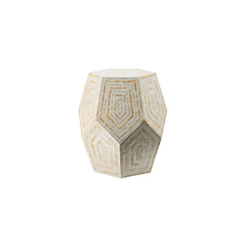 Maykoosh French Fabulous Hexagonal Capiz Stool with Cream Finish and Multi-Faceted Frame Design for Seating and Decorative Use