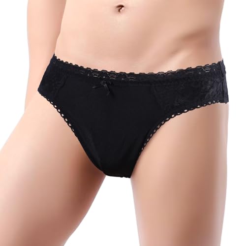 liuun Men's Cheeky Boxer Briefs Sexy Thong Underwear Breathable Lace Mens Panties Sissy Panties Femboy Black