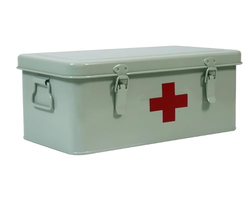 Xbopetda First Aid Medicine Box, First Aid Kit Supplies Bin, Metal Medicine Storage Tin, First Aid Empty Box with Safety Lock for Home Emergency Tool Set-Green