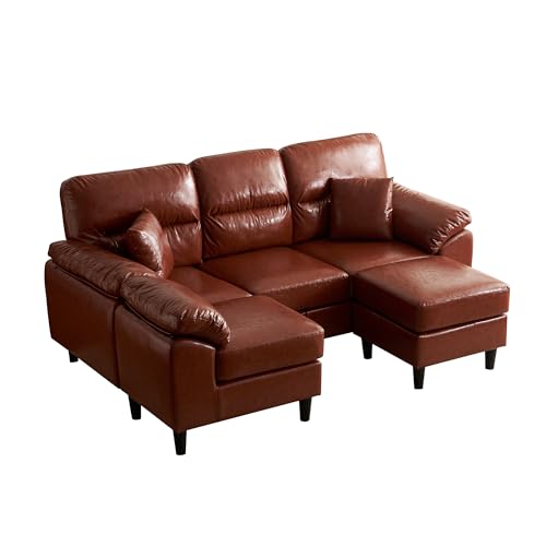 オーエスジェイ(OSJ) ソファー 3人掛け カウチ ハイバック ローソファ 北欧 肘付き レイアウト自由 カウチソファー 傷防止フェルト付き L字 コーナー 弾力 ソファーベッド 天然木脚 sofa ブラウンPUレザ