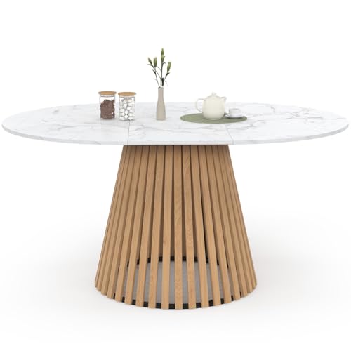 IDMarket - Table à Manger Extensible Ronde Carmen 4-8 Personnes Pied Bois en Lattes et Plateau marbre Blanc Alaska 110-150 cm