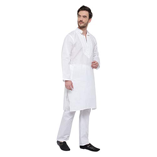 Image of Kurta Pajama with Mirror Work, Knee Length Mandarin Collar for Festive Party Ethnic Wear (IN, Alpha, S, White)