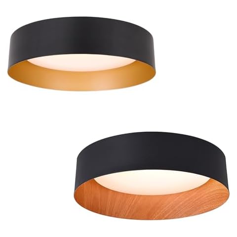 Bargeni 12.5 inch Matte Black with Gold LED Flush Mount Light and 13 inch Matte Black with Wood Accent LED Ceiling Light Fixture Cover