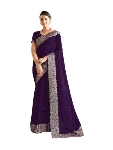 Satrani Women's Vichitra Silk Hot Fixing Embroidery Border Saree with Unstitched Blouse Piece