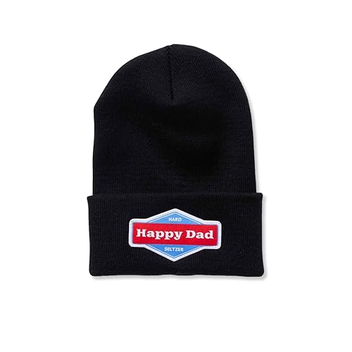 Happy Dad Black Beanie Hat, Trendy Mens Hats with Hypoallergenic Acrylic Material, Cuffed Dad Hat Graphic Beanie, Birthday Gifts for Men and Women, Patch Logo Winter Hat