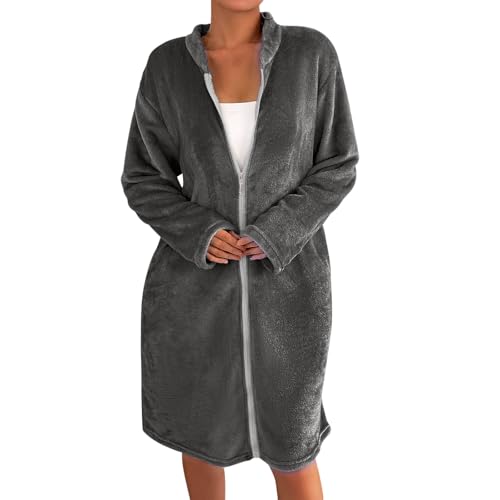 YOSUWOAI Bata para mujer, mullida, bata monocolor, con cremallera, ropa de dormir, para otoño e invierno, bata de sauna, de franela, bata de baño cálida, O gris., L