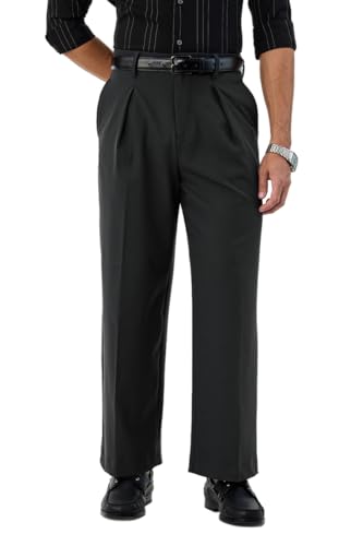 Image of SNITCH Men Casual Trousers | Baggy Fit Wide-Leg Design with Pleated Front & Button Closure | Durable Polyester Blend & Medium-Stretch Fabric for Summer Wear