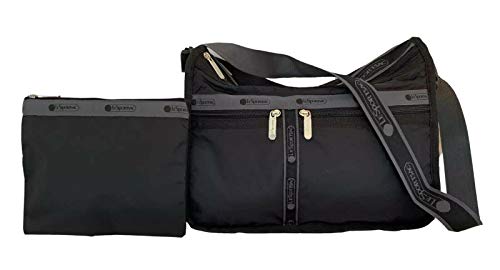 LeSportsac Heritage Jet Deluxe Everyday Crossbody Bag + Cosmetic Bag, Style 7507/Color F630, Heritage Collection, LeSportsac Logo Strap, 2 Tone Black/Dark Grey Trim, Modern Black Zipper