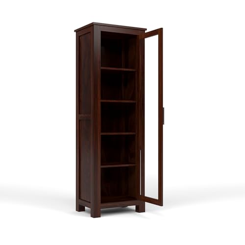Image of Solid Sheesham Wood Bookshelf with Acrylic Glass Door | Rosewood Kitchen Cabinet with Storage Shelves for Dining Room & Office (A-Walnut Finish)