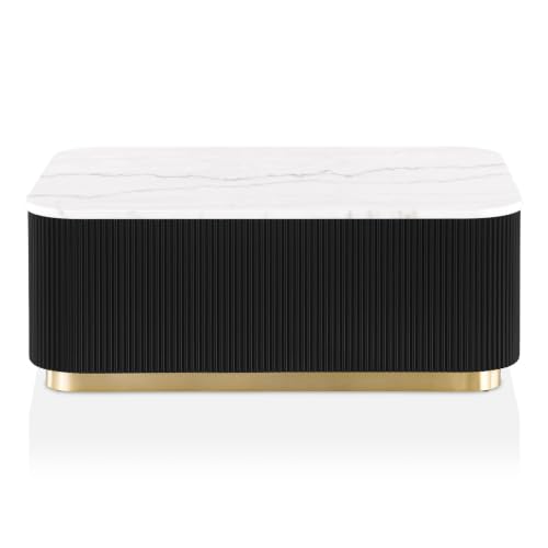 Image of Furniture of America Beryl Modern Rectangle White Genuine Marble Top Coffee Table with Fluted Pedestal Base and Gold Stainless Steel Accent, Low Profile Table for Living Room, Home Office, Black