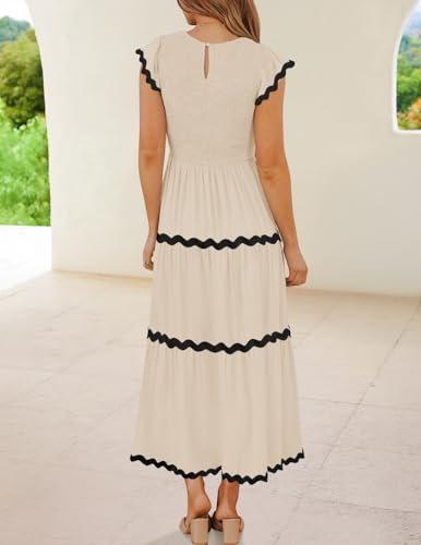 ZESICA Women's Summer Flutter Short Sleeve Smocked Midi Dress Casual High Waist Rickrack Tiered Flowy Dresses3