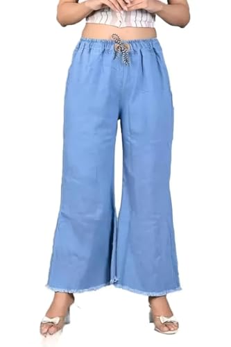 Image of Women's Denim Cotton Palazzo Pants, Mid Rise Relaxed Fit, Wide Leg Jeans Style, Casual Wear Trousers