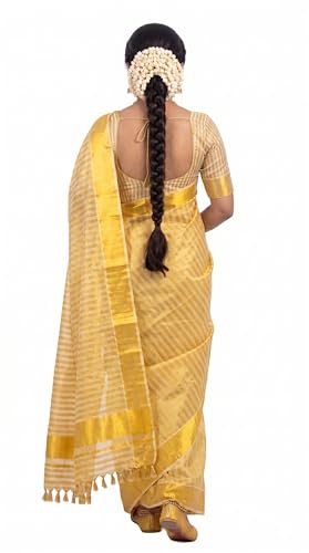 Image of Kerala Traditional Tissue Saree for Women with Running Blouse | South Indian Ethnic Saree for Weddings Onam Vishu Temple Wear & Festivals