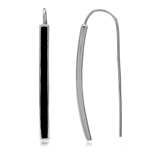 Silvershake Long Created Black Onyx Inlay White Gold Plated 925 Sterling Silver Threader Earrings