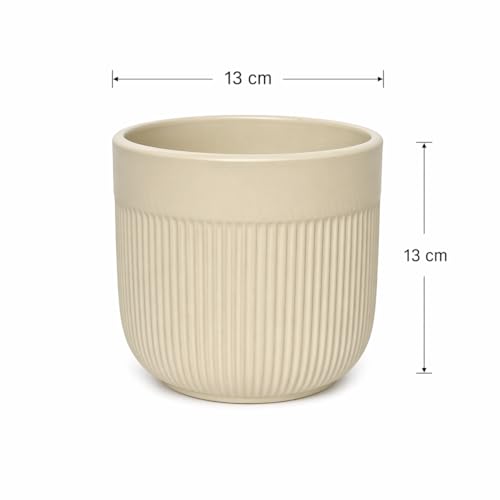 Image of Xtore Elegant Dual-Texture Ceramic Planter Pot for Indoor Plants | Modern Ribbed Flower Pot for Home, Office Desk & Balcony Decor (Cream Beige - Planter only)