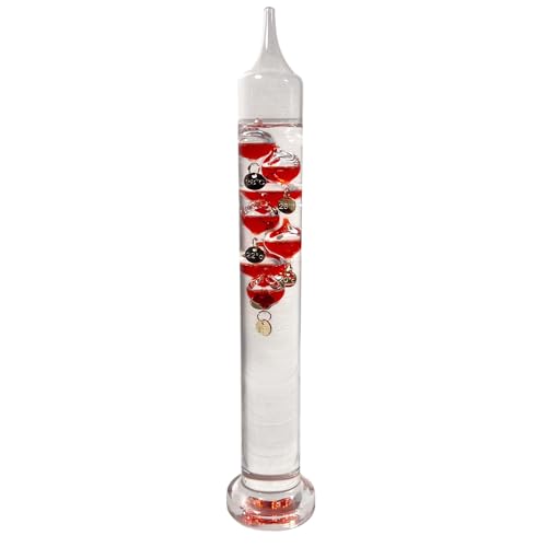 30cm Tall Free Standing Galileo Thermometer with seven red floating globes | measures temperatures from 16 degrees Centigrade to 24 degrees | also in Fahrenheit | Weather station | Water Thermometer