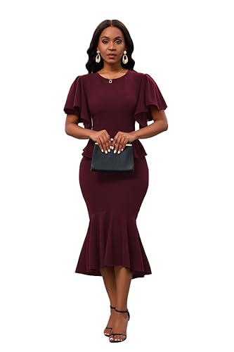 Image of Womens Summer Ruffle Short Sleeve Fishtail Dress Evening Cocktail Formal Peplum Midi Mermaid Dresses Elegant